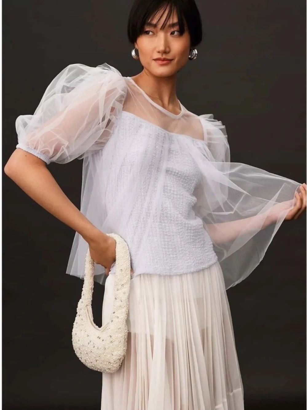 Anthropologie Sheer Puff-Sleeve White Mesh Top